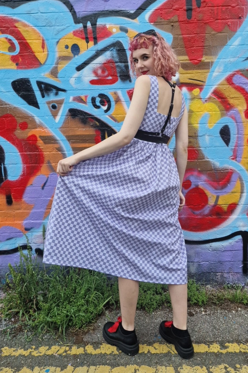 Lottie Dress in Grey Checkerboard