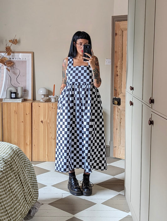 Square Neck Checkerboard Midi Dress